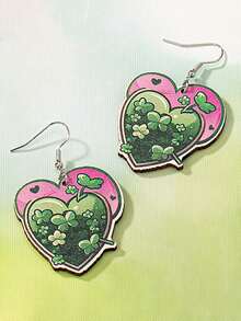 1 Pair Wooden Heart Green Lucky Shamrock Clover St. Patrick's Day Earrings For Women - Multicolor - View 2