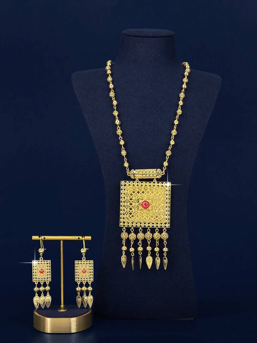 迪拜风格简约甜美夸张的金色铜质时尚高端奢华复古超大闪亮首饰套装，适合外出、休闲、派对、日常约会、圣诞节及其他节日佩戴。套装包含一条镀金长款闪亮项链和一副流苏耳环，适合作为礼物送给女士、女友、父母等。 - XXLEH-019 - 查看 1