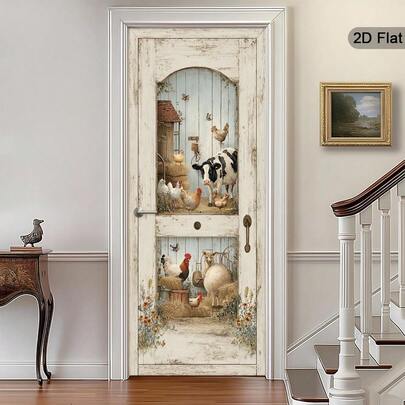 1/2pcs, 2D Flat Country Barn Door Stickers, Peelable Farmhouse Scene Murals, Cozy Atmosphere Door Stickers, Charming Country Door And Wall Decals, Modern Self-Adhesive Removable Door Paintings, Classic Posters Suitable For Bedroom And Living Room Door Decorations.