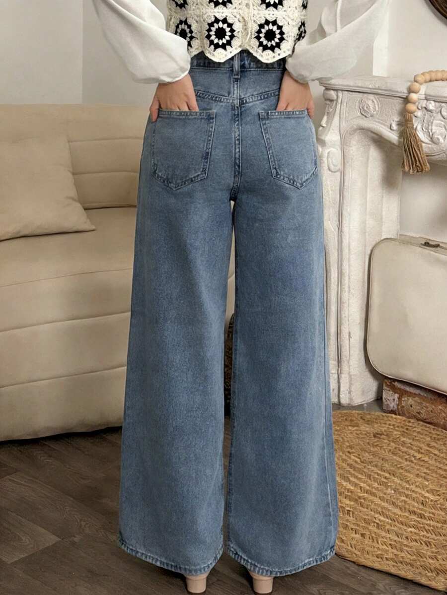 DAZY 女士纯色宽松阔腿长款牛仔裤 - 淺色水洗藍 - 查看 1