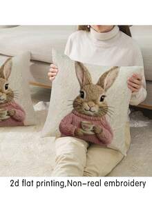 2 件装复活节主题抱枕套，印有复活节彩蛋和兔子图案，复古亚麻材质，隐形拉链封口，可机洗，家居装饰抱枕套，适用于沙发、客厅、卧室，不含枕芯 - 彩色 - 查看 5