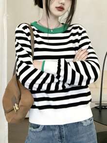 Women Casual Striped Knit Sweater, Pullover - Black and White - View 5
