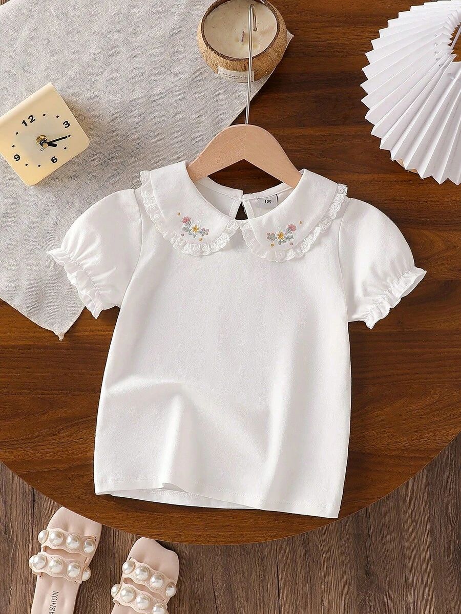 Áo thun ngắn tay dáng casual đa năng dành cho bé gái, thêu hoa, phối ren. - trắng - Xem 1