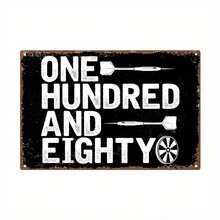 復古飛鏢主題金屬裝飾牌「One Hundred And Eight」勵志裝飾，12"X8"，古風黑白設計，飛鏢與靶心插圖，適用於居家、酒吧、遊戲室，款式如尺寸表所示 - 彩色 - 查看 1