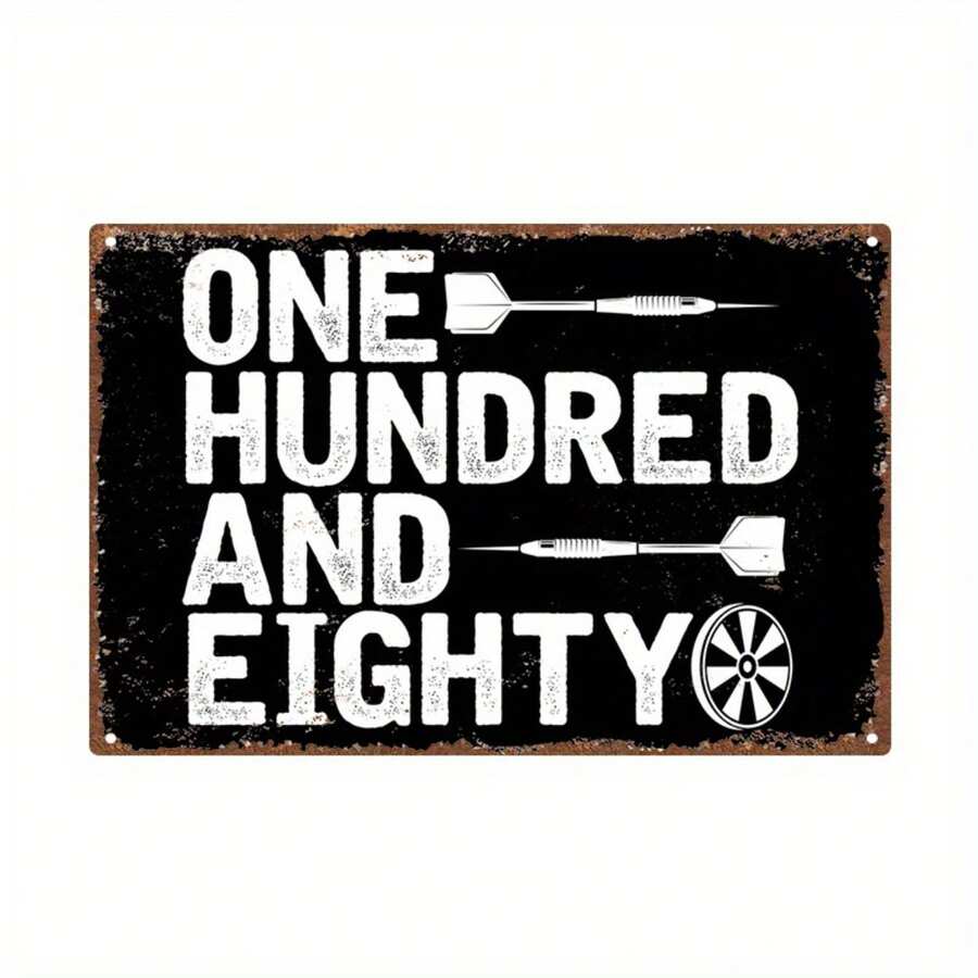 復古飛鏢主題金屬裝飾牌「One Hundred And Eight」勵志裝飾,12"X8",古風黑白設計,飛鏢與靶心插圖,適用於居家、酒吧、遊戲室,款式如尺寸表所示 - 彩色 - 查看 1