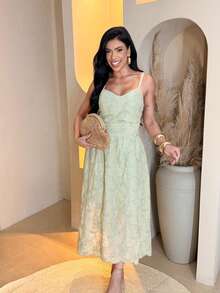 Elegant Cotton Lace Dress, Casual, Party, Embroidered Fabric, Midi, Wedding, Spring/Summer - Màu xanh nhạt - Xem 3