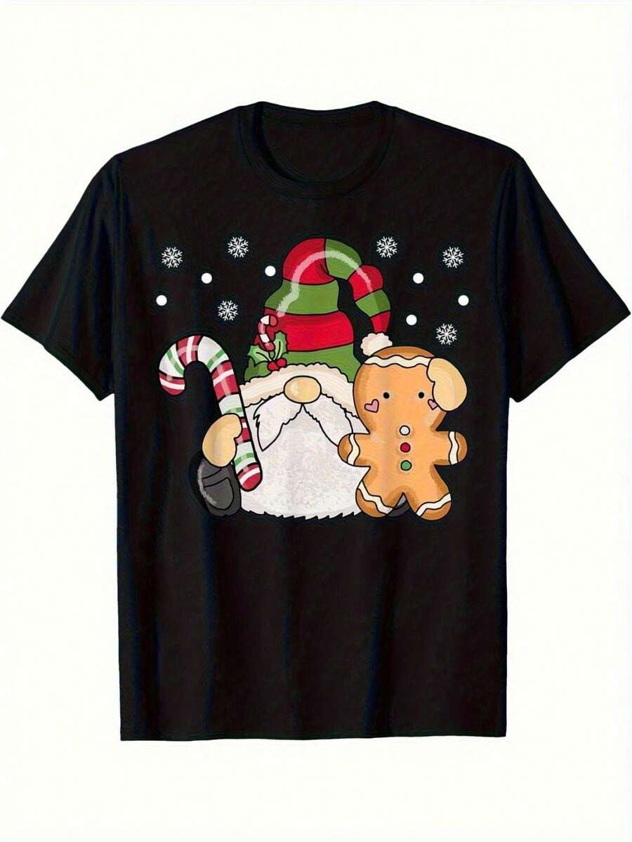 Men'S Christmas T-Shirt - Santa, Candy Cane & Gingerbread For Man Graphic - Heavyweight  Tee - Soft Breathable Fabric - Black Holiday Party Shirt - Everyday Outfit - Year-Round Comfort Fit, Seasonal Fashion, Playful Design, Comfortable Material, - Black - View 1