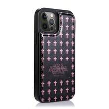Retro Pink Crosses Repeated Across Pattern Leather Phone Case For IPhone 15/15 Pro/15 Pro Max/15 Plus | Genuine Leather Texture With Built-In Card Slots | Unique Designer Piece Combining Phone Case And Wallet Functionality - màu đen - Xem 4