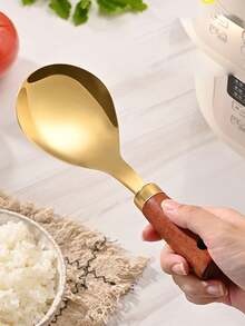 Colher de Arroz de Aço Inoxidável, Pá de Arroz Antiaderente, Colher de Servir de Cabo Longo, Colher de Arroz de Cabo de Madeira Grande - Dourado - Visão 7