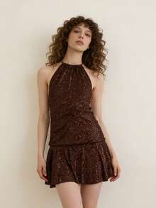 Women's Sequin Halter Mini Dress Summer Fashionable Sleeveless Backless Ruffle Hem Dress - Coffee - View 5