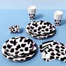 8pcs Pink Cow Print Disposable Tableware Set, Including Plates, Napkins And Cups, Party Supplies Suitable For Birthday, Wedding, Theme Party, Family Picnic - Multicolor - View 5