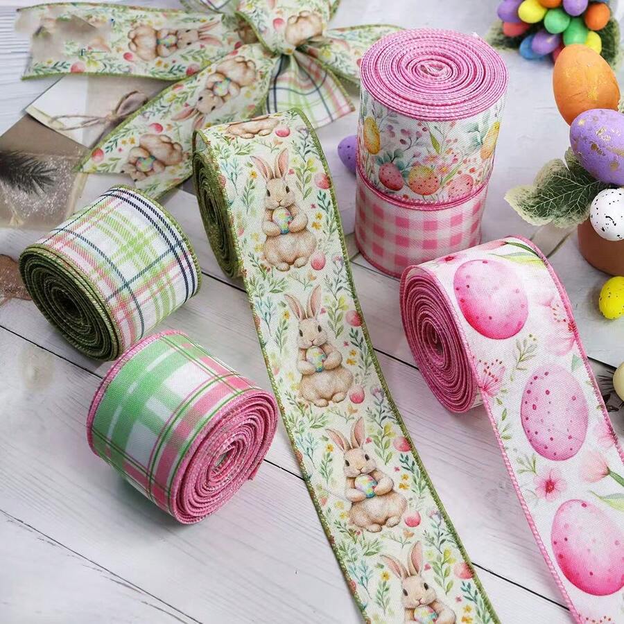 2 Rolls Easter Wired Edge Craft Ribbon, Spring Floral Bunny Wired Ribbon Watercolor Easter Bunny Floral Fabric Ribbon For Gift Wrapping, Floral Decor, Bows, DIY Crafts - Multicolor - View 1