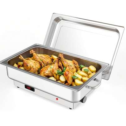 Set de buffet con bandeja eléctrica para chef, 2 bandejas de servicio y calentamiento de 4.5 QT, con pantalla digital de temperatura, bandeja de calentamiento de acero inoxidable para comida en fiestas y mesas de vapor para alimentos comerciales