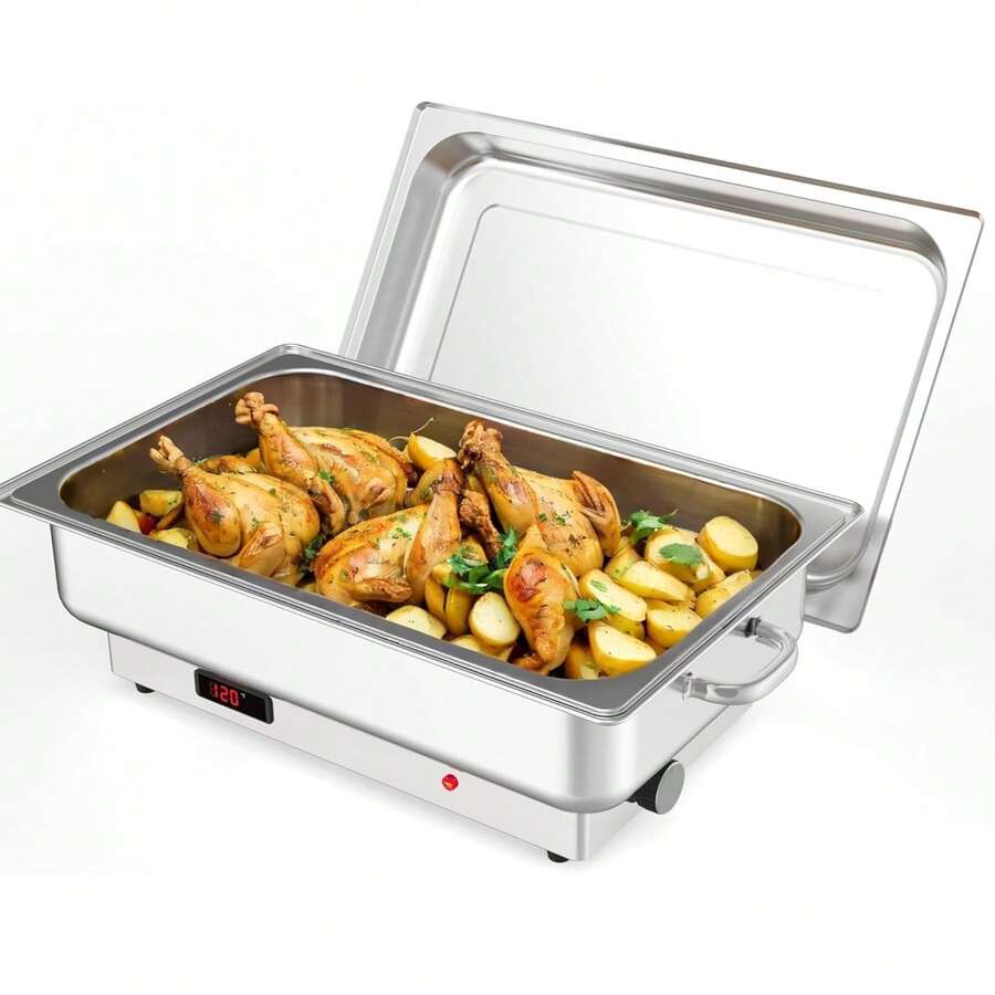 Set de buffet con bandeja eléctrica para chef, 2 bandejas de servicio y calentamiento de 4.5 QT, con pantalla digital de temperatura, bandeja de calentamiento de acero inoxidable para comida en fiestas y mesas de vapor para alimentos comerciales - Plateado - Ver 1
