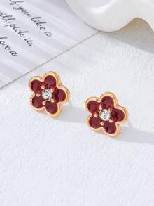 1 Pair Handmade Luxurious Elegant Burgundy Sparkling Lucky Clover Stud Earrings For Women - Burgundy - View 2