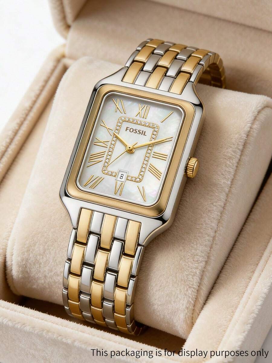 Fossil Women's Raquel Quartz Stainless Steel Three-Hand Watch, Square Series, Stainless Steel Case/Crystal Glass, 26mm Case Diameter - Silver + Gold - View 1