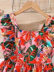 Girls Dress, Bohemian Style Girls Summer Dress, Tropical Floral Print, Square Neckline, Flutter Sleeves, Waist Cinched, Cutout Back, Bow Decor, Suitable For 8-12 Years Old, Vacation, Party, Beach - Red - View 8