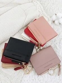 With A Chain Keychain,Wine Red Letter Detail Fold Over Small Wallet Pocket Wallet Small Purse Bifold Slim Women Wallet Lightweight Portable Credit Card Key Case Short Wallet Cute Modern Fashion For Birthday Gift Christmas Anniversary Women Girls Lady,Business,For Anniversary,For Christmas,On Valentine Day,For Birthday Gift,For Gift,For Lover For Women,For Girls,For Lady,For Female,Bag School Supplies For School Dorm Room & Back To School - Burgundy - View 5