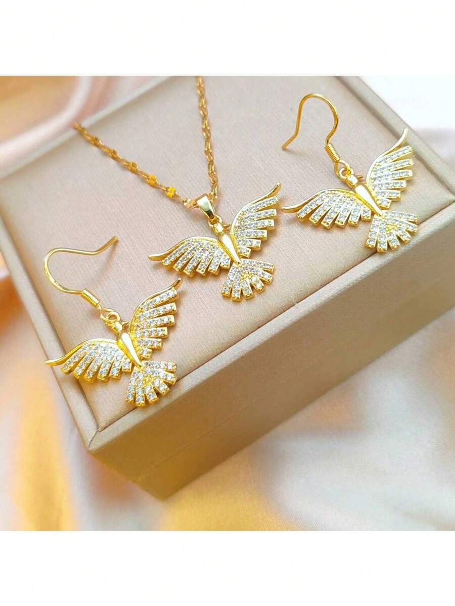 Bộ 1 dây chuyền mặt hình phượng hoàng bằng thép không gỉ và bông tai dành cho nữ, bộ trang sức thiết kế sang trọng, thanh lịch, phụ kiện đa năng làm quà tặng. - Vàng - Xem 1