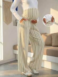 可调节腰带抽绳条纹孕妇裤，休闲高腰直筒裤，春季款 - 杏色 - 查看 5