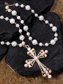 Opalesca 2pcs Unisex Punk Cross Pendant Faux Pearl Necklace, Adjustable Charm Jewelry, Couples' Necklace - 2-piece Set - View 1