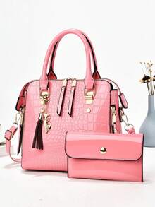 新款时尚女士母女包套装，亮面鳄鱼纹压花皮革，大容量女士手提包 - 紫色 - 查看 11