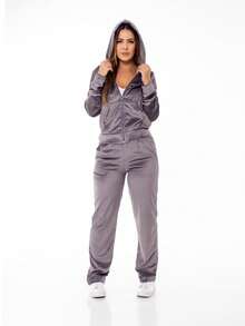 Women's Plus Size Sets In Velvet Plush Fabric, Blouse With Zipper And Basic Pants HZ-Con-001 - Gris Claro - Ver 1