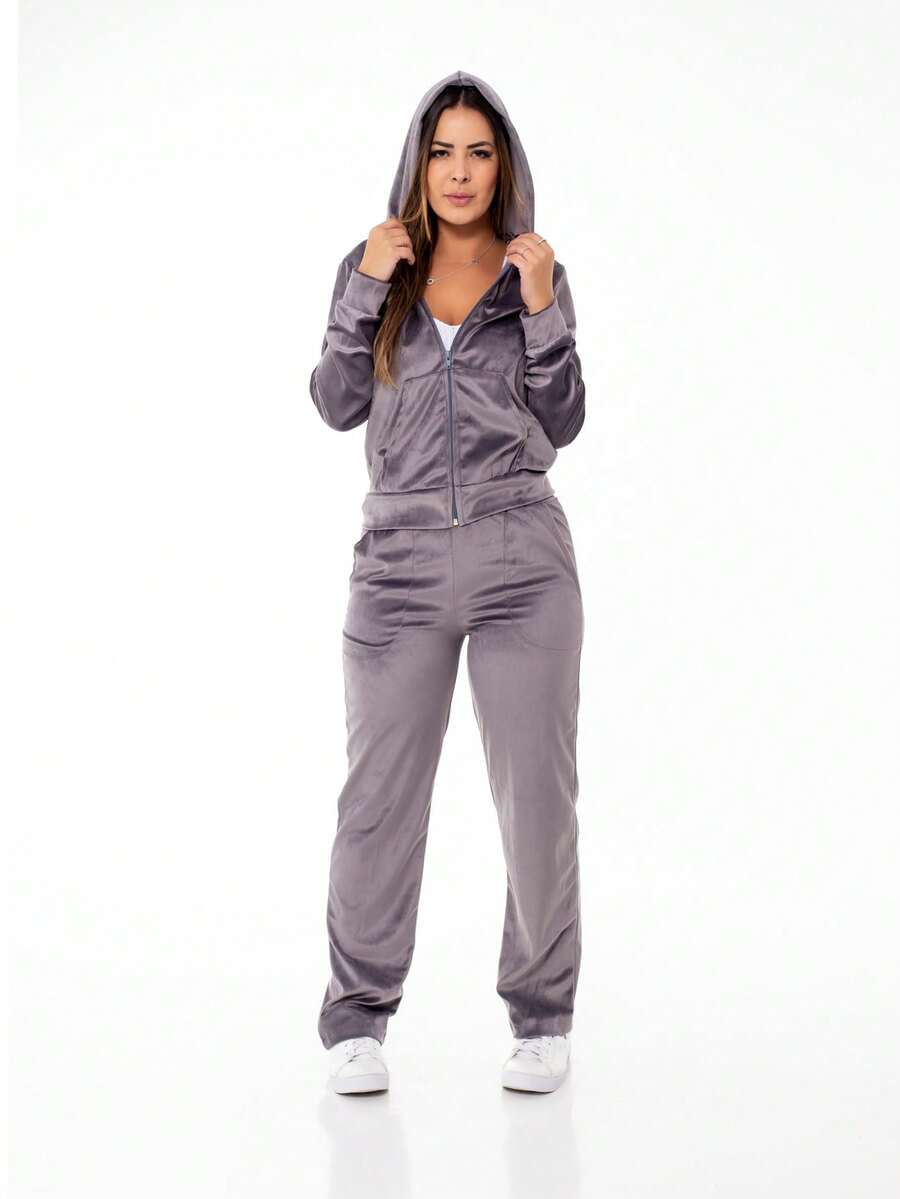 Women's Plus Size Sets In Velvet Plush Fabric, Blouse With Zipper And Basic Pants HZ-Con-001 - Gris Claro - Ver 1