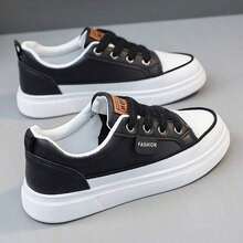 Women's White Low-Top Sneakers - Soft EVA/PVC Sole Slip-On Casual Shoes, Breathable Synthetic Cover, All-Season Comfort Skateboarding, Running & Casual Attire, Skate Shoes, Sleek Shoe Design, Durable Traction Footwear - Black - View 5