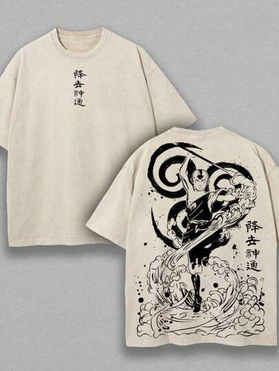 Camiseta de Estilo Vintage Manga/Anime, Camiseta con Patrón de Niño Calvo de Artes Marciales, Regalo para Entusiastas de Anime y Manga, Camiseta de Algodón Lavado para Hombre, Estilo Gótico Vanguardista Y2K, Cosplay de Ropa de Calle Otaku