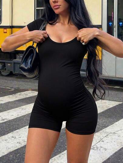 Parara Maternity Short Sleeve Jumpsuit, Tight & Comfortable Casual Outfit, Suitable For Sports, Dates, Daily Wear, And Halloween Black