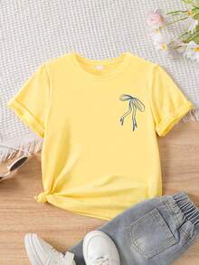 Áo thun ngắn tay cổ tròn in hình nơ và khẩu hiệu tối giản dành cho bé gái tuổi teen, thời trang xuân hè mới cho thanh thiếu niên. - Màu vàng - Xem 3