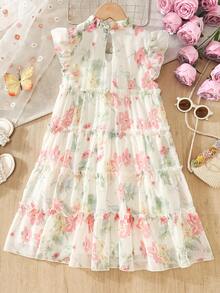 Tween Girls' Elegant Flutter Sleeve Chiffon Floral Print Patchwork Ruffle Collar Dress, Summer Stylish Little Girl Princess Dress, Casual Party Holiday Suitable For 8-12 Years Old - Nhiều màu - Xem 2