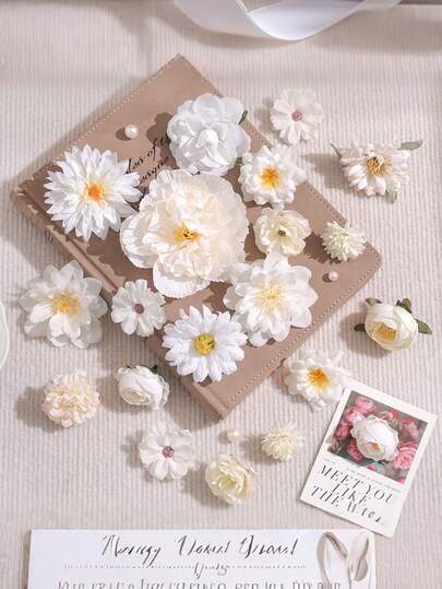 21pcs White Flower Decor Set, Suitable For Bouquet Arrangement, Wedding Centerpiece, Home & Office Decor, Party & Holiday Decor, Tabletop Decoration