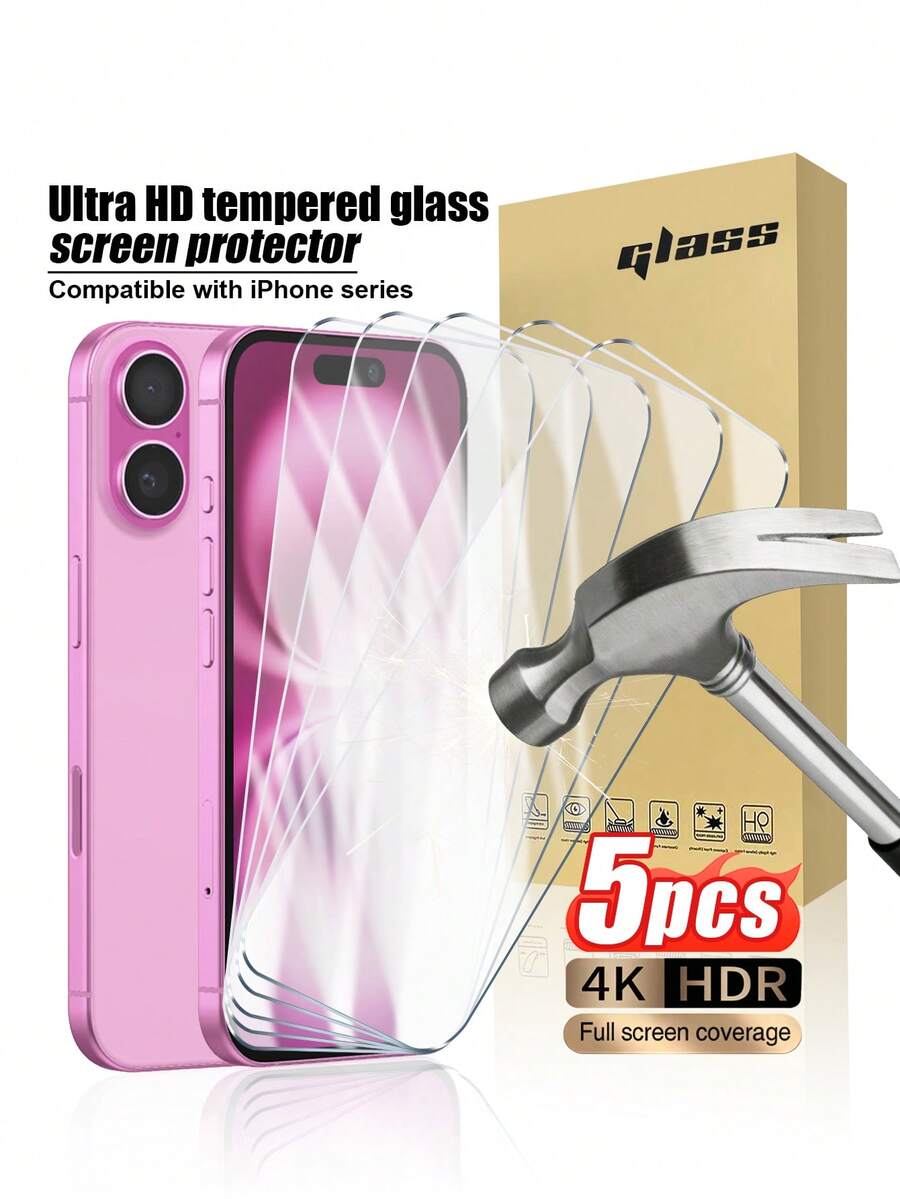 5 piezas de protector de pantalla de vidrio templado, alta definición, compatible con iPhone 17 Pro Max/17 Pro/17 Air/17/16 Pro Max/16 Pro/16 Plus/16/15 Pro Max/15 Pro/15 Plus/15/14/13/12 y otros modelos - transparente - Ver 1