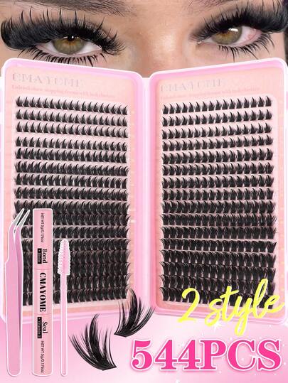 544/384pcs Eyelash Extension Kit, 10-18mm DIY Eyelash Extension Set, Individual Cluster Lashes, D-Curl Eyelash Extension Kit, Includes Glue, Top Coat And Eyelash Extension Tools, Suitable For Daily Use, Travel, Beginners, Weddings, Dates, Parties, Holidays, Also A Great Gift For Christmas/Halloween