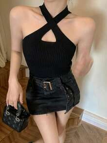 法式交叉吊带细肩带吊带背心，修身无袖露脐上衣，女士春夏款 - 黑色 - 查看 3
