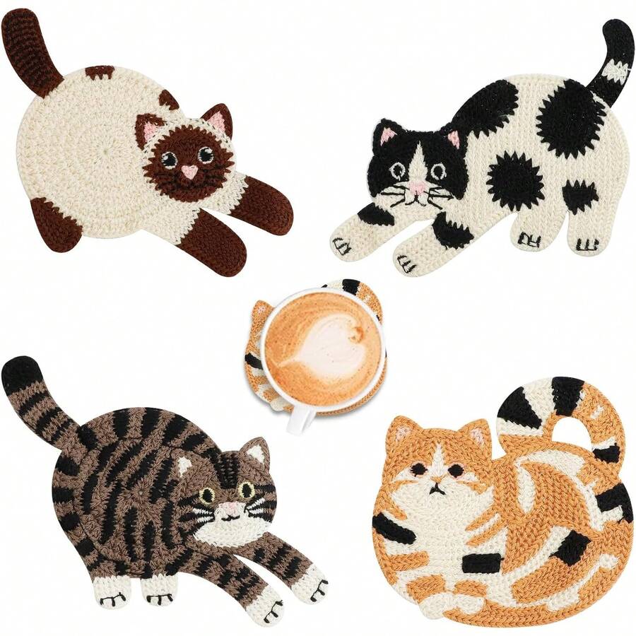 YUNRUICHI Cat Lover Coasters Set Of 4 Cute Funny Crochet Woven Knitted Coasters Insulated For Coffee Tea Desk Tabletop Protection Style B - B型 - 查看 1