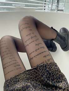 1 Pair Women's New Printed Stockings, Sexy Letter Design Thin Pantyhose, Black, Spring/Summer - Zmsw - View 11