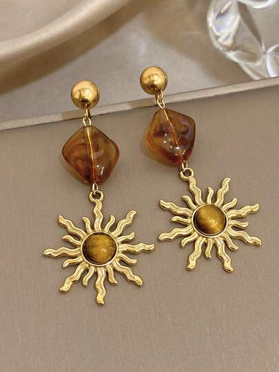 1 par de pendientes colgantes vintage con sol y flor, pendientes colgantes dorados para mujeres, pendientes de acero inoxidable para Navidad, cumpleaños, fiestas diarias y regalos de joyería