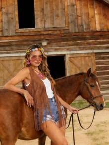 Womens Vintage Western Fringe Vest Tops Classic Suede Vest Sleeveless Tassels Cardigan Jackets - Brown - View 4