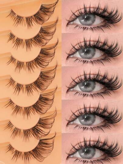7对狐狸眼式假睫毛，外眼角加长，睫毛蓬松柔软，自然妆效，柔软浓密，卷翘自然，可在家DIY重复使用，适合日常佩戴。