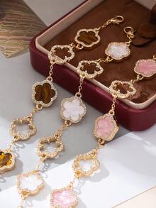 3pcs Luxurious Rhinestone Embellished Multi-Color Clover Charm Bracelet Set, Elegant & Versatile Women Bracelet Set - Multicolor - View 4