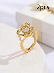 2pcs Elegant Hollow Heart & Letter Adjustable Rings, Fashionable Jewelry Gifts Suitable For Women, Girlfriends, Wives, Mothers, Families And Friends On Birthdays, Anniversaries And Other Occasions - Yellow Gold - View 7