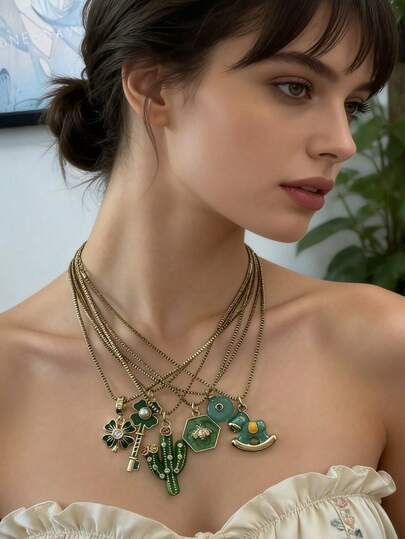 1件时尚绿色不锈钢仙人掌独角兽吊坠，女士奢华珠宝礼物，适合日常和派对佩戴，圣帕特里克节配饰