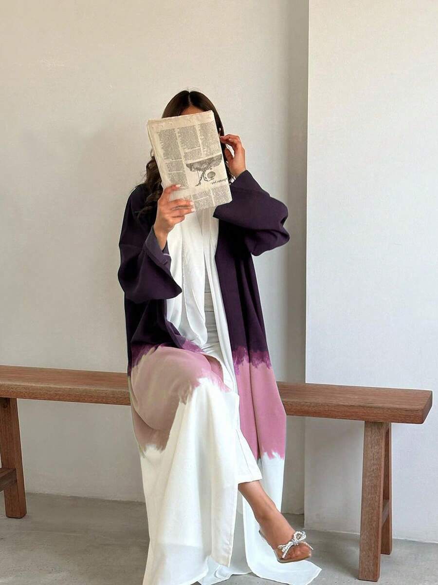 新款女士中东穆斯林长袍,时尚扎染印花阿巴雅开衫连衣裙,春夏款 - 酒紅色 - 查看 1