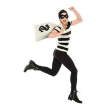 女士盗贼服装套装，包括盗贼帽、手套、眼罩、帆布钱袋、条纹袜、帆布背包，适合成人万圣节角色扮演、世界读书日化装舞会及其他场合。 - 彩色 - 查看 8