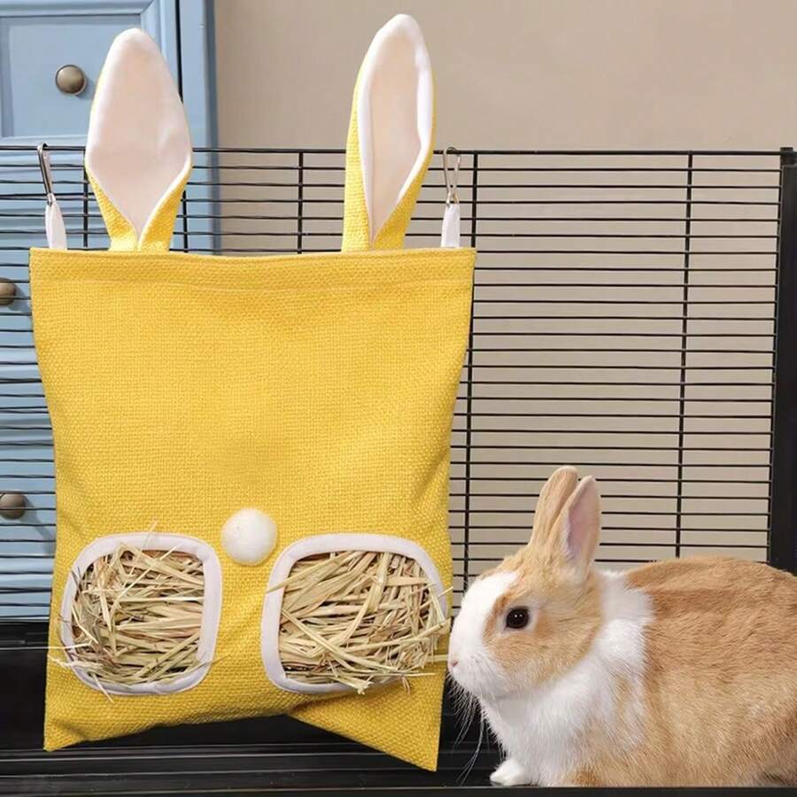 1 pièce Sac distributeur de pour lapin, sac de stockage de en forme d'oreille à suspendre, convient aux lapins, hamsters et autres petits animaux de compagnie, peut être accroché à l'intérieur de la cage - Jaune citron - Voir 1