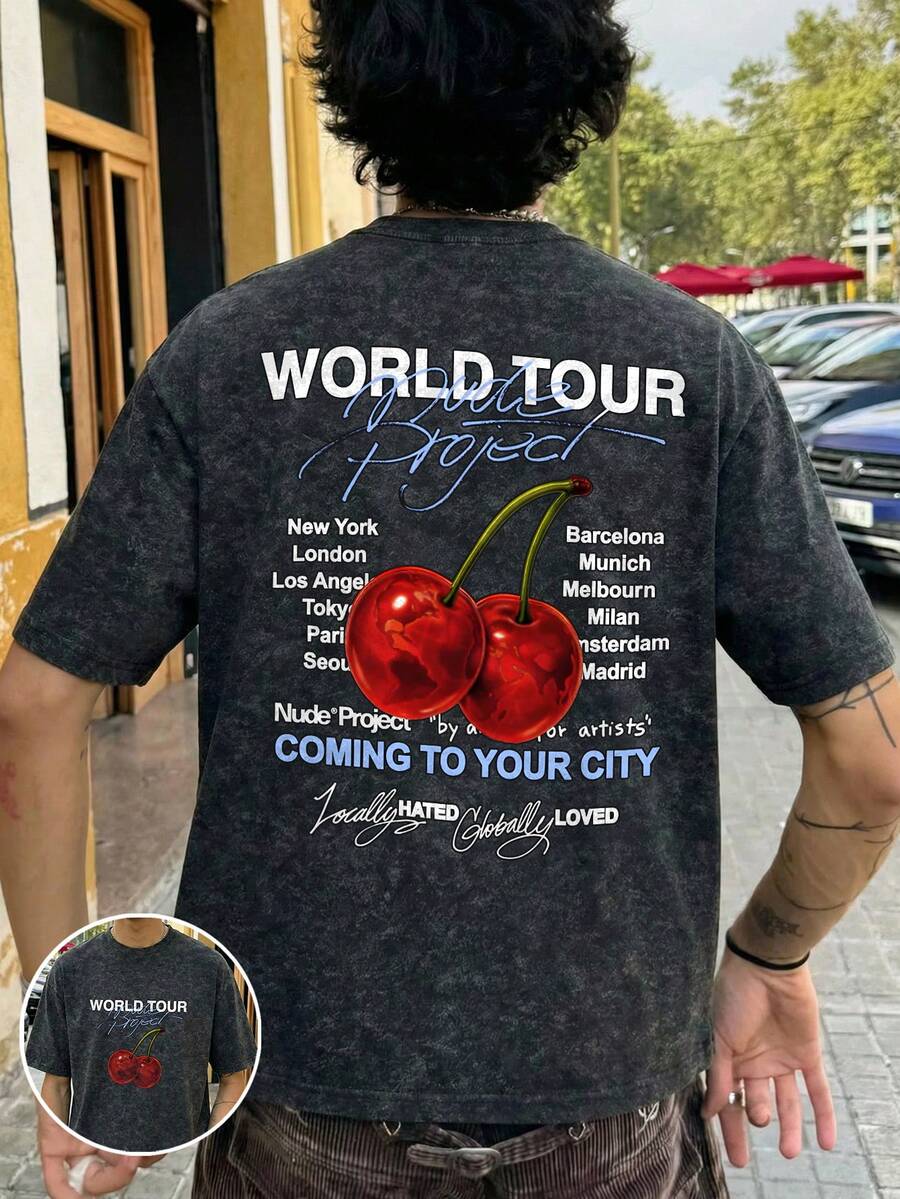 Fractyr Fractyr 男士休闲街头嘻哈风宽松短袖T恤 | 樱桃字母印花 | 精致水洗棉设计 | 春夏必备 | 百搭易穿 | 送朋友的完美礼物 | 展现个人风格 - 黑色 - 查看 1