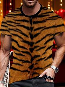 Tiger Stripe Print, 3D Print T-Shirts, Casual Short-Sleeve Round Neck T-Shirts, Outdoor Men'S Clothing With Novelty And Fun Designs3D Digital Print,All-Over Print - 黑色 - 查看 1